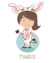 Cute cartoon character. Children horoscope icon, funny little girl in a cow costume as a taurus.