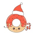 Cute cartoon character christmas donut with santa hat funny vector illustration for greeting card