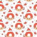 Cute cartoon character christmas donut with santa hat funny seamless vector pattern background illustration