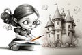 cute cartoon character with drawing pencil, sketching fairy tale castle