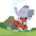 Cute cartoon character elephant skater. Vector print with cute bear on a skateboard. Can be used for t-shirt print, kids wear Royalty Free Stock Photo