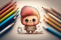cute cartoon character, filling in coloring book with various shades of pencil Royalty Free Stock Photo