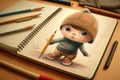 cute cartoon character grabbing pencil and sketchbook, ready to create amazing drawings