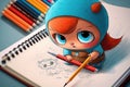 cute cartoon character grabbing pencil and sketchbook, ready to create amazing drawings