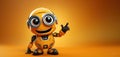 cute cartoon character happy robot points hand finger at copy space on an orange isolated background