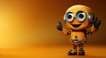 cute cartoon character happy robot points hand finger at copy space on an orange isolated background