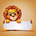 cute cartoon character of lion wearing a glasses and holding white banner images generative ai Royalty Free Stock Photo