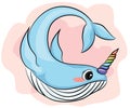 Cute cartoon character narwhal with rainbow horn, funny unicorn whale drawing