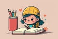 cute cartoon character with pencil and notebook, taking notes on important information