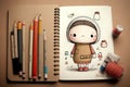 cute cartoon character with pencil and sketchbook, drawing or doodling
