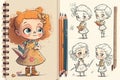 cute cartoon character with pencil and sketchbook, drawing or doodling
