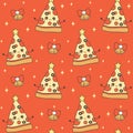 Cute cartoon character pizza slice christmas tree with star on top holiday seamless vector pattern background illustration