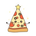 Cute cartoon character pizza slice christmas tree with star on top holiday vector flat illustration