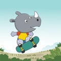 Cute cartoon character rhino skater. Vector print with cute bear on a skateboard.