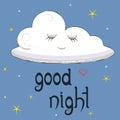 Cute cartoon character - sleeping cloud for night cards with phrases and lettering, vector template. Design card for baby shower