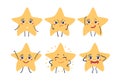 Cute cartoon character star with face, set of emoticons with emotions of joy, anger, confusion. Flat sticker isolated on