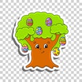 Cute cartoon character. Sticker with contour. Easter egg tree. Colorful vector illustration. Isolated on transparent background.