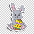 Cute cartoon character. Sticker with contour. Easter rabbit. Colorful vector illustration. Isolated on transparent background.