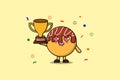 Cute Cartoon character Takoyaki is holding trophy