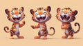 The cute cartoon character tiger cub of a striped kitten is hunting, slinking, and roaring. Funny animal mascot stand Royalty Free Stock Photo