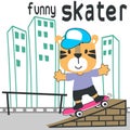 Cute cartoon character tiger skater. Vector print with cute lion on a skateboard. Can be used for t-shirt print, kids wear fashion Royalty Free Stock Photo