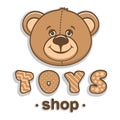 Toys shop logo. Brown teddy bear head and funny letters with stars and waves. Royalty Free Stock Photo