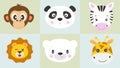 Cute cartoon characters animals monkey, panda, zebra, lion, bear, giraffe, kawaii flat style.