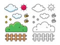 Cute cartoon and characters design including clouds, sun, flowers, bush bee, and wood fence with black and white outline. Set of v Royalty Free Stock Photo