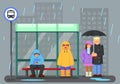 Cute Cartoon Characters with raincoat Umbrella Under the Rain and Waiting for the Bus.