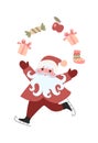 Cute cartoon cheerful Santa Claus juggling gifts isolated on white background.