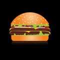 Cute cartoon cheeseburger with double cheese. Burger with salad, tomatoes, cutlet. Minimal line style, modern color. Hamburger web