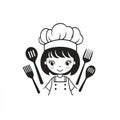 Cute Girl Chef with Kitchen Utensils, Cartoon Style Royalty Free Stock Photo