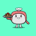 Cute Cartoon chef sushi serving cake on tray Royalty Free Stock Photo