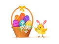 Cute cartoon chicken and basket. Funny yellow chickens with Bunny Hears, vector illustration Royalty Free Stock Photo