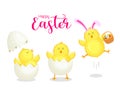 Cute cartoon chicken cracking from egg shell wearing Easter bunny ear. Royalty Free Stock Photo