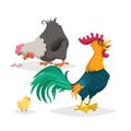 Cute cartoon chicken family. Rooster. hen and little chicken. Farm animals set. Vecttor illustration