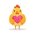 Cute cartoon chicken standing and holding pink heart colorful character vector Illustration