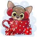 Cute Cartoon Chihuahua in a fur headphones in a red Cup