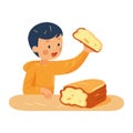 Cute cartoon child smiling while eating bread