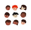 Cute cartoon children avatars set. Diverse kids faces in simple hand drawn style, vector clipart illustration.
