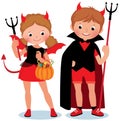 Cute cartoon children boy and girl in a holiday costume devil imp to Halloween vector illustration