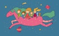 Cute cartoon children are flying on a magic horse. Children s party birthday greeting card. Royalty Free Stock Photo