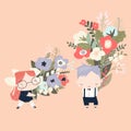 Cute cartoon children holding bouquets of flowers Royalty Free Stock Photo