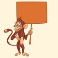Cute cartoon chimpanzee holding blank wooden sign. Vector illustration of a funny monkey with empty wood board. Royalty Free Stock Photo