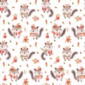 Cute cartoon chipmunk hackee with acorns, hearts and rose flowers gift seamless pattern.