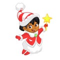 Cute cartoon Christmas afro-american or arab angel character flying and holding star. Vector illustration of happy winter fairy