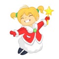 Cute cartoon Christmas angel character flying and holding star. Vector illustration of happy winter blond fairy outlined.