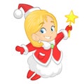 Cute cartoon Christmas angel character flying and holding star. Vector illustration of happy winter blond fairy outlined.