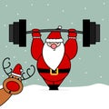 Cute cartoon christmas character santa claus with barbell in the snow funny vector holidays illustration with reindeer