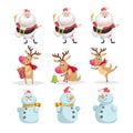 Cute cartoon Christmas characters set. Different poses and situations of Santa Claus, reindeer and snowman. Cheerful mascots. Royalty Free Stock Photo
